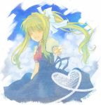  blonde_hair closed_eyes cloud clouds dress hair_ribbon heart kamio_misuzu key_(company) long_hair outstretched_arm outstretched_hand ponytail ribbon school_uniform sky smile takana 