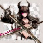  bikini_top black_gold_saw black_hair black_rock_shooter checkered dual_wielding gloves horns long_hair pink_eyes solo sword weapon 