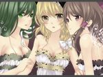  bad_id bare_shoulders black_eyes blonde_hair bow breasts brown_hair bust cleavage green_eyes green_hair hair_bow hair_ornament hakurei_reimu kirisame_marisa kochiya_sanae large_breasts letterboxed long_hair multiple_girls purple_eyes rim_(kingyoorigin) rimu_(rim573) snake touhou violet_eyes 