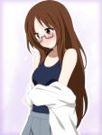  brown_eyes brown_hair face glasses ikari_manatsu k-on! one-piece_swimsuit school_swimsuit school_uniform solo swimsuit swimsuit_under_clothes teenage undressing yamanaka_sawako 