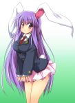  blazer blush breasts bunny_ears bunny_tail highres large_breasts leaning_forward long_hair necktie purple_eyes purple_hair rabbit_ears reisen_udongein_inaba sen_(astronomy) skirt solo tail touhou very_long_hair violet_eyes 