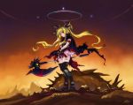  armband axe blonde_hair blood cape fate_testarossa halo huge_weapon long_hair mahou_shoujo_lyrical_nanoha red_eyes same solo thigh-highs thighhighs torn_clothes twintails very_long_hair 