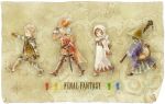  armor bag belt black_mage blonde_hair blue_eyes boots brown_hair cape cocura compass_rose crystal final_fantasy final_fantasy_i fingerless_gloves gloves green_eyes hat highres hood long_hair map pointing red_mage robe short_hair smile staff sword walking warrior weapon white_mage witch_hat wizard_hat yellow_eyes 
