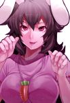  adult animal_ears bad_id between_breasts black_hair breasts brown_hair bunny_ears carrot face hands inaba_tewi jewelry necklace rabbit_ears rby_(artist) red_eyes shikihara_mitabi short_hair solo tongue touhou 