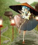  blue_hair geta heterochromia oriental_umbrella rain red_eyes ryuu short_hair solo tatara_kogasa touhou umbrella 