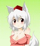  animal_ears bare_shoulders blush breasts cleavage hat inubashiri_momiji japanese_clothes kimono large_breasts off_shoulder pocoyb red_eyes short_hair silver_hair solo tail tokin_hat touhou wolf_ears wolf_tail 