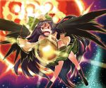  aiming angry arm_cannon arm_up black_hair explosion flying gengorou glowing large_wings lens_flare light_particles long_hair open_mouth outstretched_arm red_eyes reiuji_utsuho solo touhou weapon 