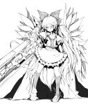  arm_cannon asymmetrical_clothes bad_id bow hair_bow lineart long_hair mismatched_footwear monochrome reiuji_utsuho shishigami_(sunagimo) solo touhou very_long_hair weapon wings 