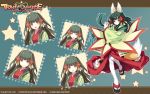  2009 animal_ears blue_background blush fox_ears fox_spirit fox_tail green_hair hair_ornament highres japanese_clothes kitsunemimi multiple_persona nippon_ichi pantyhose red_eyes tail trinity_universe tsubaki_(trinity_universe) tsunako wallpaper white_legwear 