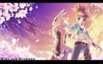  belt card cherry_blossoms cloud clouds detached_sleeves digimon digimon_tamers highres holding holding_card jeans letterboxed makino_ruki navel ponytail raglan_sleeves renamon sky twilight wallpaper yin_yang 