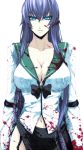  blue_eyes bow breasts busujima_saeko cleavage garter_straps highschool_of_the_dead long_hair navel pizaya purple_hair s_tanly school_uniform serafuku solo 