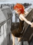  building darker_than_black dress green_eyes havoc looking_back midair outstretched_arm outstretched_hand profile red_hair redhead short_hair solo tozai 