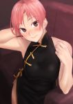  1girl bare_shoulders blush breasts brown_eyes china_dress chinese_clothes dress highres kilye_4421 large_breasts looking_at_viewer original pink_hair short_hair side_slit sleeveless smile solo 