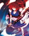  cleavage dress frills hair_bobbles hair_ornament large_breasts onozuka_komachi polearm red_eyes red_hair sandals scythe socks solo touhou twintails weapon yukizen 
