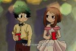  1boy 1girl black_bow black_bowtie black_eyes boku_no_hero_academia bow bowtie brown_hair claudensiaa cup disposable_cup dress freckles green_hair highres lens_flare light messy_hair midoriya_izuku parody party pink_dress ramona_flowers scene_reference scott_pilgrim scott_pilgrim_(series) scott_pilgrim_takes_off short_hair style_parody subtitled uraraka_ochako 