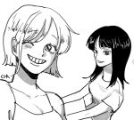 2girls bad_id bad_twitter_id blunt_bangs book camisole chacha_(op_chacha_) commentary_request greyscale korean_commentary looking_at_viewer medium_hair monochrome multiple_girls nami_(one_piece) nico_robin one_eye_closed one_piece shirt short_hair simple_background single_sidelock smile 