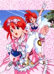  arm_up blue_eyes bow clothes_writing gloves hair_bow hand_on_own_hip highres long_hair looking_at_viewer multiple_views non-web_source official_art one_eye_closed open_mouth pastel_(twinbee) redhead short_sleeves standing twinbee twinbee_(character) white_gloves 