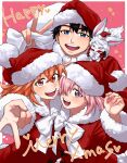  1boy 2girls absurdres alternate_costume amami_tokko black_hair blue_eyes blush christmas commentary_request creature creature_on_shoulder english_text fate/grand_order fate_(series) fou_(fate) fujimaru_ritsuka_(female) fujimaru_ritsuka_(female)_(white_christmas) fujimaru_ritsuka_(male) fujimaru_ritsuka_(male)_(white_christmas) fur-trimmed_headwear fur-trimmed_robe fur-trimmed_sleeves fur_trim hair_over_one_eye hat highres holding holding_sack long_sleeves looking_at_viewer mash_kyrielight merry_christmas multiple_girls official_alternate_costume on_shoulder one_eye_covered open_mouth orange_hair pink_hair red_headwear red_robe robe sack santa_hat teeth upper_teeth_only v violet_eyes 