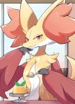  crumbs delphox eating food holding holding_spoon komanychi looking_at_viewer pokemon pokemon_(creature) pudding red_eyes solo spoon upper_body 