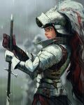  1girl 2others armor blurry blurry_background brown_eyes clenched_teeth commentary english_commentary from_side full_armor helmet highres holding holding_sword holding_weapon multiple_others original planted planted_sword rain sam_yang serious sword teeth weapon 