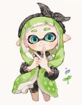  1girl absurdres aqua_eyes bike_shorts black_bow black_hairband bow closed_mouth commentary_request cowboy_shot dew_drop green_hair hairband highres inkling inkling_girl long_hair myon_rio pointy_ears simple_background smile solo splatoon_(series) sprout tentacle_hair v water water_drop white_background 