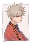  1boy bakugou_katsuki blonde_hair boku_no_hero_academia glaring highres jacket looking_at_viewer male_focus red_eyes red_jacket solo spiky_hair unou_(unou_mha) 