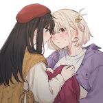  2girls beret black_hair blonde_hair blush brown_sweater_vest closed_mouth commentary_request hair_ornament hairclip hat highres inoue_takina jacket long_hair long_sleeves lycoris_recoil multiple_girls nervous_sweating nishikigi_chisato one_side_up parted_lips purple_jacket red_eyes red_headwear shirt short_hair sidelocks simple_background sweat sweater_vest violet_eyes white_background white_shirt yarou_(user_szzk3833) yuri 