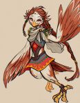  1girl absurdres bird_girl braid braided_sidelock dress emilye_draws feathered_wings full_body highres long_hair looking_at_viewer medli monster_girl red_eyes redhead rito simple_background solo the_legend_of_zelda the_legend_of_zelda:_the_wind_waker wings 