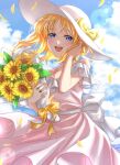  1girl :d akira_ituki blonde_hair blue_eyes blue_sky bouquet bow clouds day dress floating_hair flower flower_girl_(macross_7) hand_in_own_hair hat hat_bow highres holding holding_bouquet long_hair looking_at_viewer macross macross_7 open_mouth outdoors petals pink_dress sky smile solo sun_hat sundress sunflower white_headwear yellow_bow yellow_flower 