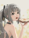  1girl absurdres bare_arms bare_shoulders black_choker bob_cut braid bread choker egg_(food) food food_on_face french_braid grey_eyes grey_hair hair_ornament highres holding holding_food looking_at_viewer nanami:_pulse_(punishing:_gray_raven) nanami_(punishing:_gray_raven) open_mouth ponytail punishing:_gray_raven sidelocks solo teeth trashpanda_11b upper_teeth_only 