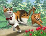  animal_focus bow bowtie cat chasing day flower_request matataku no_humans original outdoors plant running 