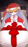  absurdres blush bow christmas fisheye fur-trimmed_headwear fur-trimmed_poncho fur_trim gift hat highres holding holding_gift long_hair looking_at_viewer pheromosa pokemon pokemon_(creature) red_bow red_headwear red_poncho santa_costume santa_hat skeletons62 solo white_hair 
