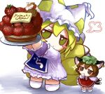  2girls absurdres animal_ear_fluff animal_ear_headwear animal_ear_piercing animal_ears blonde_hair blue_tabard blush_stickers brown_eyes brown_hair cake cat_ears cat_tail chen chibi closed_mouth dress food fox_tail frilled_skirt frills fruit full_body fumo_(doll) green_headwear hand_to_own_mouth hands_up hat hat_tassel highres holding holding_cake holding_food holding_plate jitome long_sleeves looking_at_viewer making-of_available mob_cap multiple_girls multiple_tails plate puff_of_air red_skirt red_vest shirt short_hair size_difference skirt socks sparkle standing strawberry tabard tail touhou two_tails vest white_background white_dress white_headwear white_shirt white_socks yakumo_ran yakumora_n yellow_eyes 