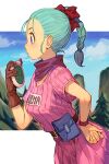  1girl bandana_around_neck belt blue_eyes blue_hair blush border bow braid braided_ponytail breasts brown_gloves bulma character_name clothes_writing clouds cowboy_shot day dragon_ball dragon_ball_(classic) dragon_radar dress fanny_pack fingernails from_side gloves hair_bow hand_on_own_hip hand_up hankuri long_hair looking_ahead medium_breasts nose_blush outdoors outside_border pine_tree pink_dress profile red_bow short_sleeves single_glove sky solo tree white_border 