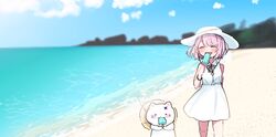  1girl :3 animal_ears bare_shoulders beach black_bow blunt_bangs blush bow bowtie bracelet cat cat_ears clouds cowboy_shot dress ear_piercing food hat highres holding indie_virtual_youtuber jewelry medium_hair mikeneko_(utaite) mountainous_horizon piercing pink_bow pink_bowtie pink_hair popsicle sakana_(saka11205) short_twintails smile straw_hat sundress twintails walking white_dress white_headwear 