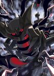  1boy aura blonde_hair claws elemoncake floating giratina giratina_(origin) highres multiple_wings pokemon pokemon_(creature) pokemon_legends:_arceus red_eyes shirt spoilers standing toes volo_(pokemon) white_shirt wings 