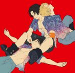  3boys bad_id bad_twitter_id black_hair black_shirt blonde_hair blue_pants boots closed_eyes commentary_request fish_(m8snknk) floral_print male_focus monkey_d._luffy multiple_boys one_piece open_clothes open_shirt pants portgas_d._ace red_background sabo_(one_piece) scar scar_on_face shirt simple_background sleeping smile torso 