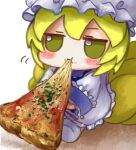  1girl absurdres blonde_hair blush chibi crumbs dress eating food food_in_mouth fox_tail frilled_dress frilled_hat frills fumo_(doll) hat highres holding holding_food holding_pizza jitome long_sleeves multiple_tails pizza pizza_slice short_hair sitting socks solo tail touhou white_background white_dress white_headwear white_socks yakumo_ran yakumora_n yellow_eyes 