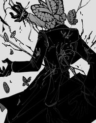  1boy absurdres animal_head bug butterfly coat coffin cowboy_shot from_behind funeral_of_the_dead_butterflies gloves greyscale highres lobotomy_corporation long_sleeves maskv monochrome project_moon simple_background solo 