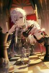  1boy absurdres ascot black_jacket black_shirt blurry blurry_foreground cape chessboard commentary cropped_legs curtains from_behind frown fur-trimmed_cape fur_trim gold_trim highres holding holding_chess_piece holding_sword holding_weapon indoors jacket jewelry kawausoman kuzuha_(nijisanji) looking_at_viewer male_focus medium_hair multiple_girls multiple_rings nail_polish nijisanji red_ascot red_cape red_eyes red_nails ring shirt skeleton solo sword throne upper_body virtual_youtuber weapon white_hair window 