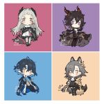  2boys 2girls ahoge ammunition_belt animal_ears arknights ascot baton_(conducting) black_coat black_suit capelet chibi coat earrings ebenholz_(arknights) epaulettes extra_ears eyes_visible_through_hair fire front-seamed_legwear full_body gauntlets goat_boy goat_ears goat_horns grey_eyes grey_hair hair_between_eyes head_wings head_wings_through_headwear holding holding_bow_(music) holding_lantern holstered horns irene_(arknights) jewelry keyring lantern long_hair long_sleeves lumen_(arknights) melanbread mole_above_eye mole_on_forehead multiple_boys multiple_girls orange_eyes pantyhose penance_(arknights) pink_fire pointy_ears puffy_long_sleeves puffy_sleeves rapier scar scar_across_eye scar_on_face seamed_legwear shell shell_earrings simple_background single_gauntlet skirt suit sword tail weapon white_ascot white_capelet white_pantyhose white_skirt wings wolf_ears wolf_girl wolf_tail 