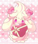  alcremie box full_body gift heart heart-shaped_box heart-shaped_pupils highres holding holding_gift looking_at_viewer mizuki_kotora no_humans open_mouth patterned_background pink_background pokemon pokemon_(creature) solo sparkle symbol-shaped_pupils valentine 