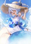  1girl ;d absurdres ahoge arm_strap baseatoz blue_bow blue_eyes blue_hair bow day dress floating_hair from_below furina_(genshin_impact) genshin_impact hat highres long_hair one_eye_closed open_mouth outdoors ponytail short_dress sitting sleeveless sleeveless_dress smile solo straw_hat sun_hat very_long_hair white_dress yellow_headwear 
