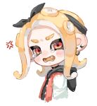  1girl anger_vein angry black_bow black_choker black_hairband blonde_hair bow choker commentary_request ear_piercing earrings fangs hairband jacket jewelry letterman_jacket medium_hair myon_rio octoling octoling_girl open_mouth piercing red_eyes simple_background solo splatoon_(series) tears teeth tentacle_hair upper_body v-shaped_eyebrows white_background 