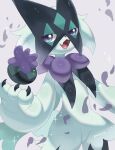  alternate_color animal_focus artist_name claws commentary fang green_fur grey_background highres iwasi_29 meowscarada no_humans open_mouth petals pokemon pokemon_(creature) shiny_pokemon simple_background skin_fang symbol-only_commentary twitter_username violet_eyes 
