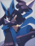  highres kuchiba_(jret2454) looking_at_viewer lucario pokemon pokemon_(creature) red_eyes shadow signature simple_background sitting solo white_background 