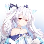  1girl absurdres animal_ears azur_lane bare_shoulders blue_ribbon collarbone crossed_bangs dress fake_animal_ears gradient_background hair_ornament hair_ribbon halterneck hands_up highres laffey_(azur_lane) laffey_ii_(azur_lane) long_hair looking_at_viewer parted_lips rabbit_ears rabbit_hair_ornament red_eyes ribbon simple_background sleeves_past_fingers sleeves_past_wrists solo twintails upper_body white_dress white_hair z-wumi 