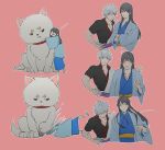  1other 2boys bad_id bad_twitter_id black_hair blue_kimono commentary dog fish_(m8snknk) gintama heart japanese_clothes katsura_kotarou kimono long_hair looking_at_viewer multiple_boys pink_background purple_sash sadaharu sakata_gintoki sash short_hair sidelocks simple_background smile white_hair yellow_sash 