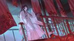  1boy black_hair blood chinese_clothes coat curtains hanfu high_ponytail highres hong_lu_(project_moon) lattice limbus_company long_hair long_sleeves project_moon solo very_long_hair white_coat white_hanfu wide_sleeves window yongsil 