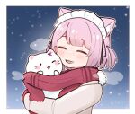  1girl animal_ear_fluff animal_ears blush cat cat_ears closed_eyes coat frilled_headwear gradient_background hug indie_utaite medium_hair mikeneko_(utaite) night night_sky one_eye_closed parted_bangs pink_hair red_scarf sakana_(saka11205) scarf short_twintails single_sidelock sky smile snow snowing twintails upper_body winter_clothes winter_coat 